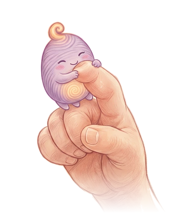 The Dream Keeper pops out and happily hugs a child's fingertip