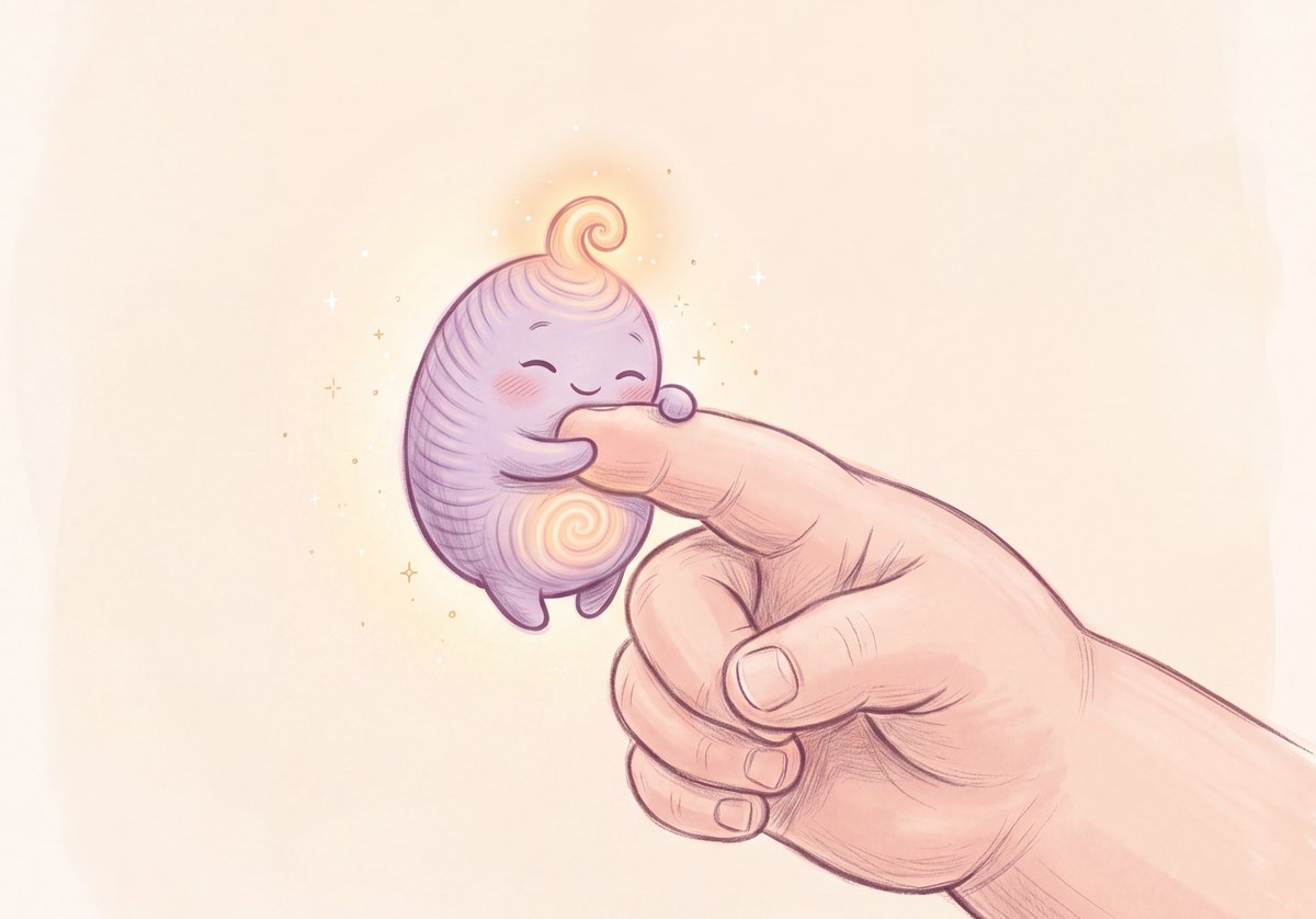 The Dream Keeper happily hugging a child&rsquo;s fingertip
