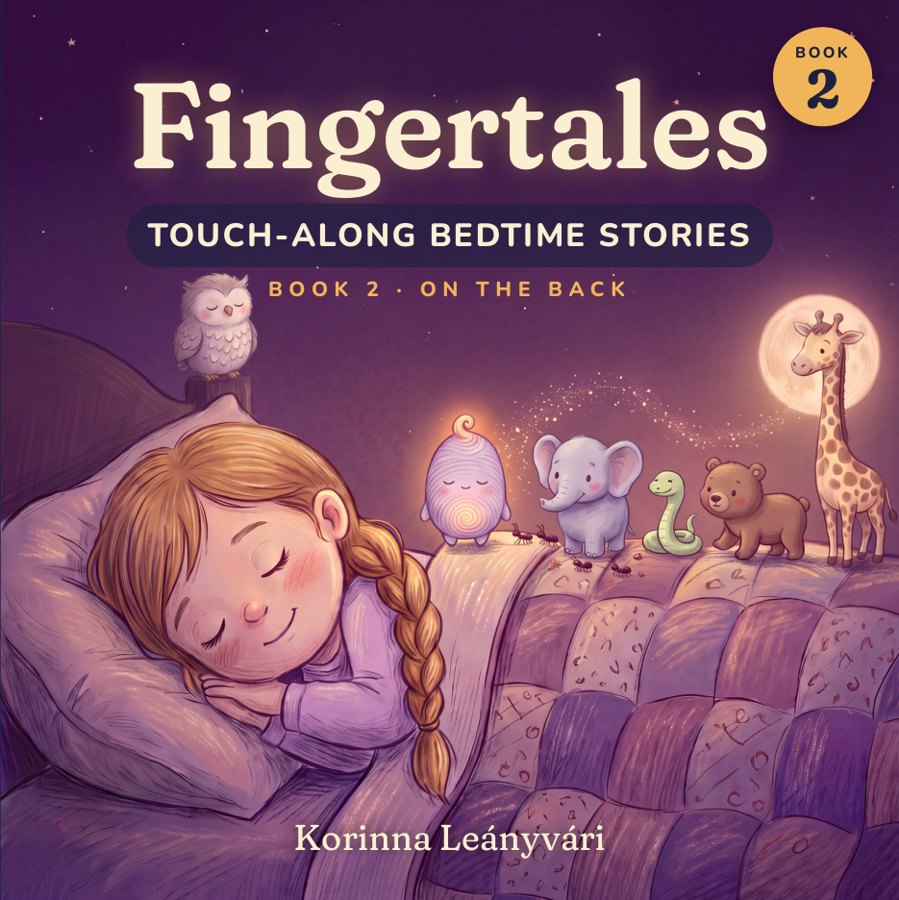 Cover of Fingertales Book 2, On the Back: a sleeping girl, the glowing Dream Keeper and the Night Zoo animals under the moon