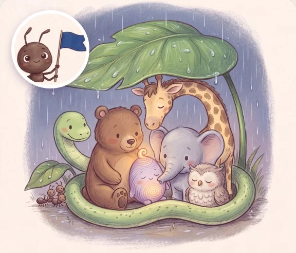 The blue-flag ant and the Night Zoo friends sheltering together under a big leaf in the rain